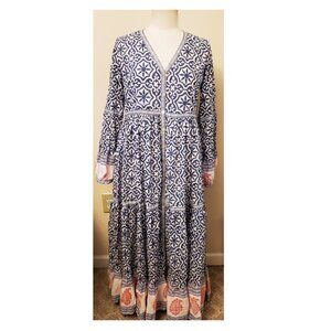 Vintage Ibiza Maxi Dress Size-L Multicolor White/Gray 100% Cotton